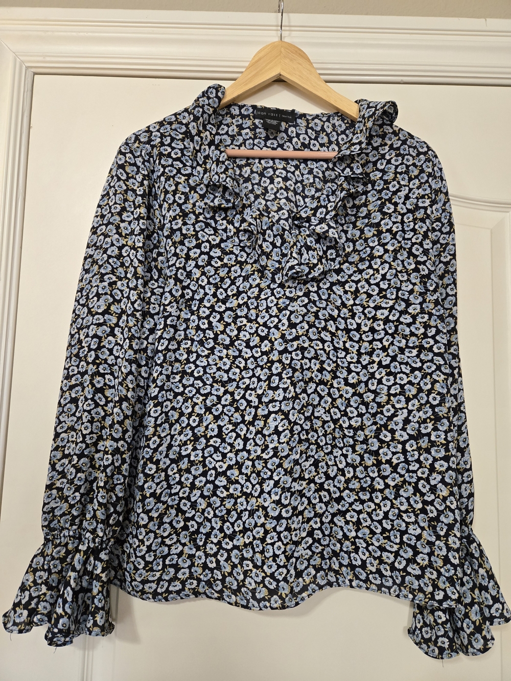 Joan Vass Navy Floral Ruffle-Neck Long Sleeve Blouse Feminine Fall Flowy